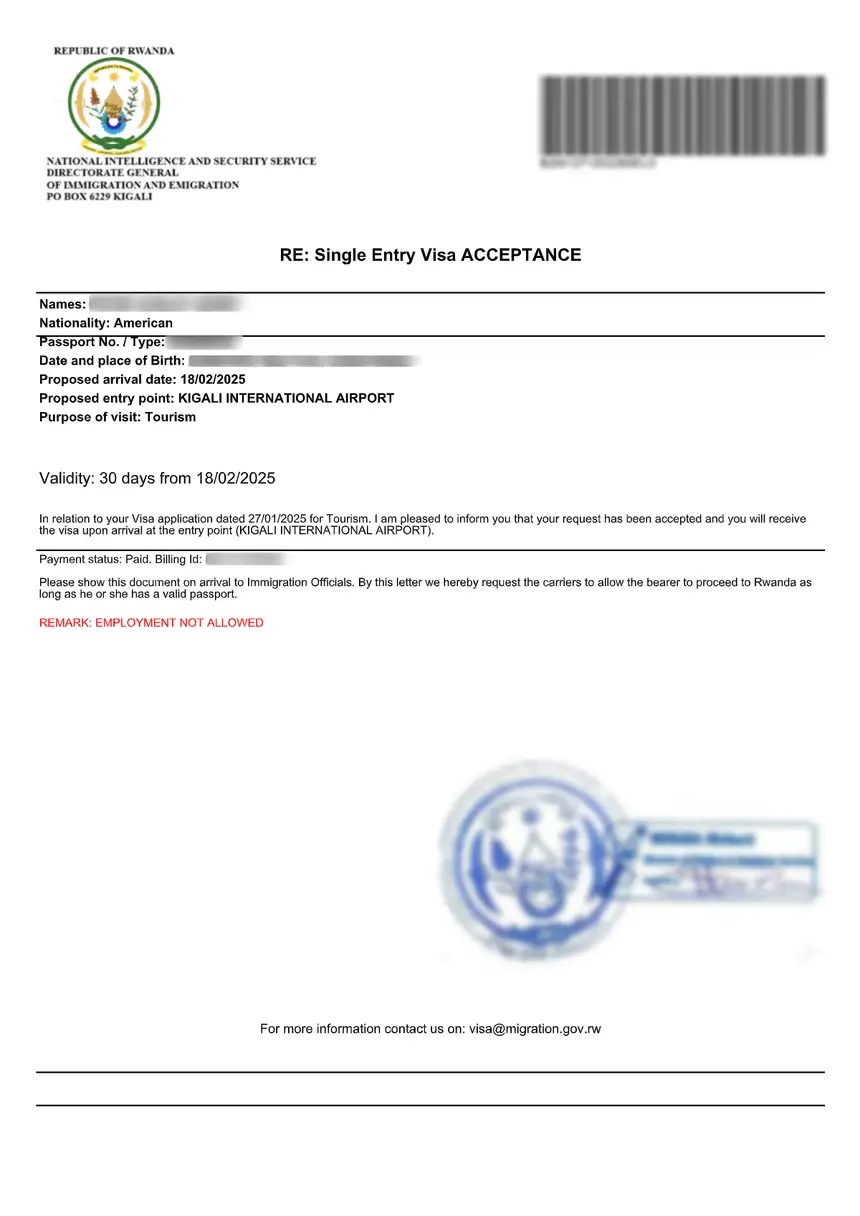 Sample Rwanda eVisa acceptance letter